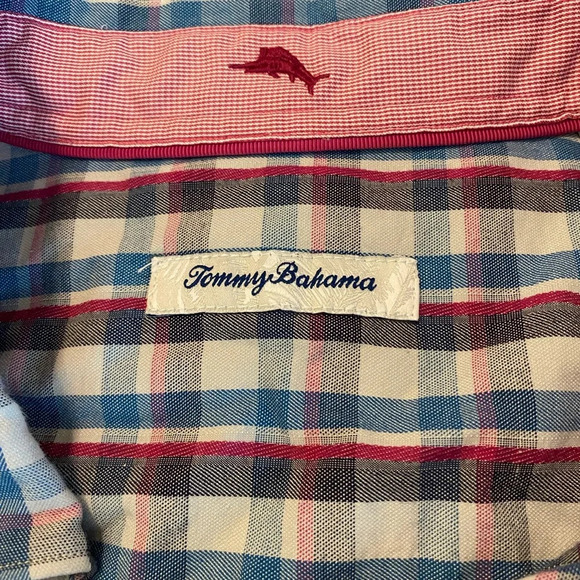 TOMMY BAHAMA Button Up Shirt~Mens L~SILK/Cotton Blend~blue Pink~PlaidL/S - Picture 7 of 8
